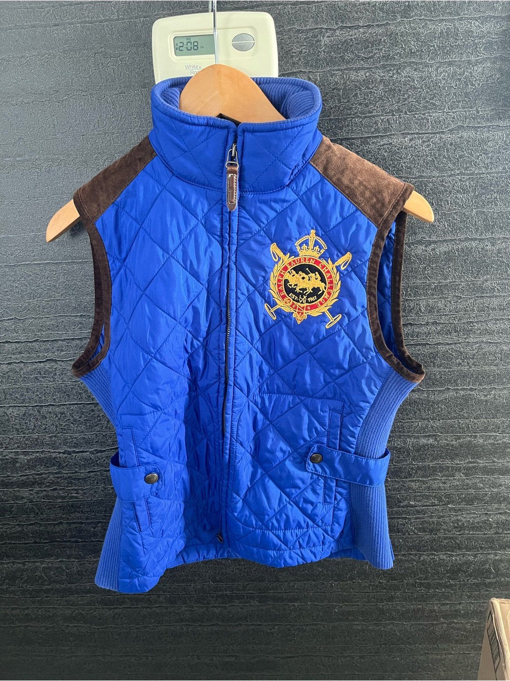 Ralph Lauren Royal Blue Quilted Crest Vest with Brown Trim